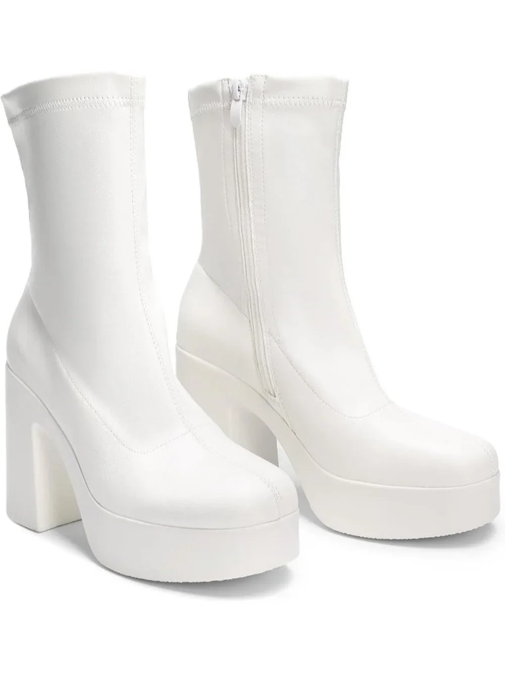 Women's White High Chunky Block Heel Square Toe Platform Gogo Ankle Boots
